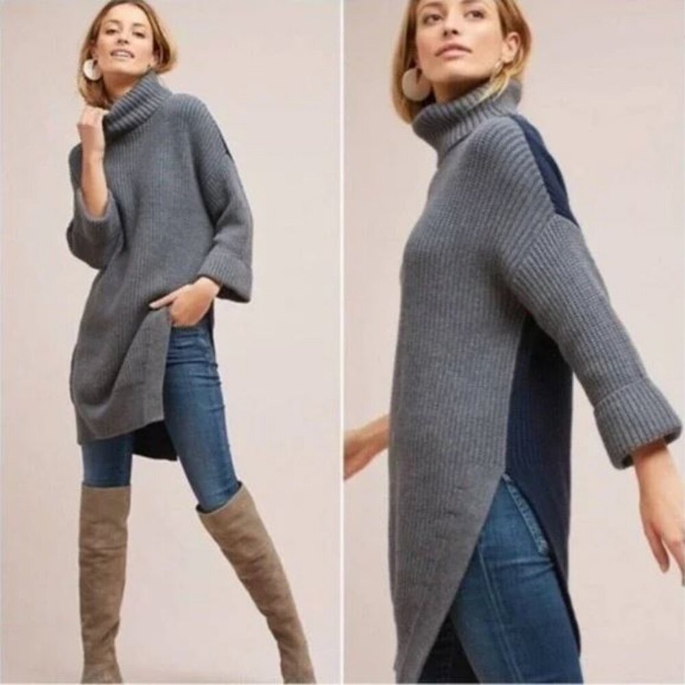 Anthropologie BiColor Turtleneck Slit Sweater Tunic/Dress